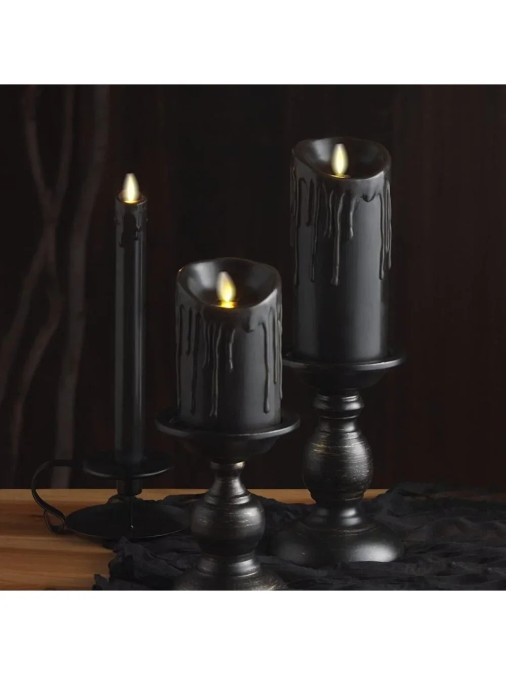 Black Wax Drip Flameless LED Candle - Battery Operated, Moving Flame, Timer
